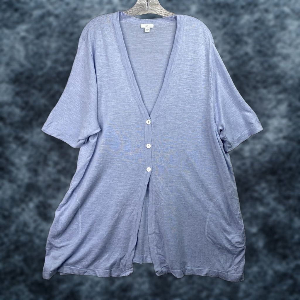 J. Jill Cardigan Sweater Tunic Womens 2X Green Linen Blend 3/4 Sleeve V-Neck Button Pockets Casual