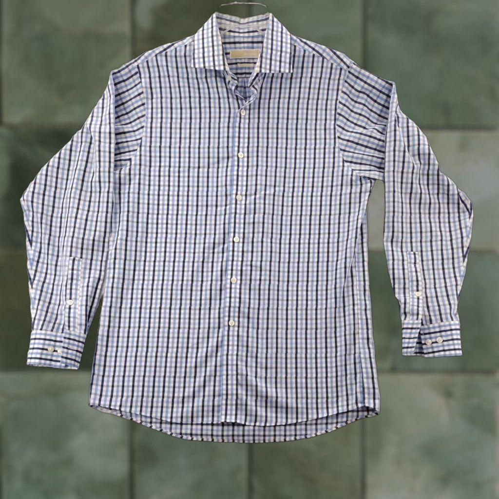 Michael Kors VINTAGE Michael Kors Shirt Mens Large Button Up Dress Blue Long Sleeve Plaid - Mens L Blue Button-Up Shirt Michael Kors 90s Theme? Size 42R - 1 Thumbnail
