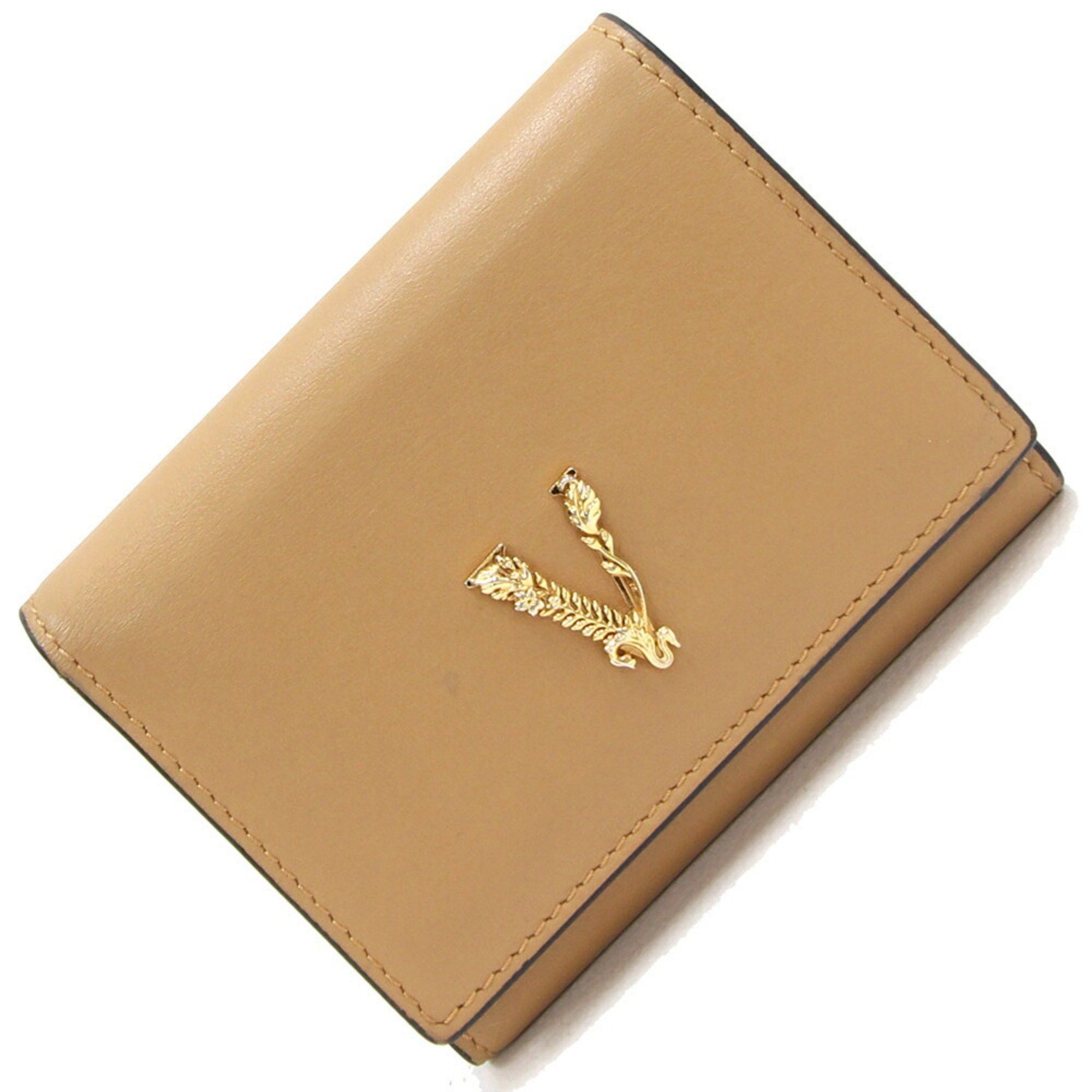 image of Versace Tri-Fold Wallet Beige Leather V Compact Women's Versace