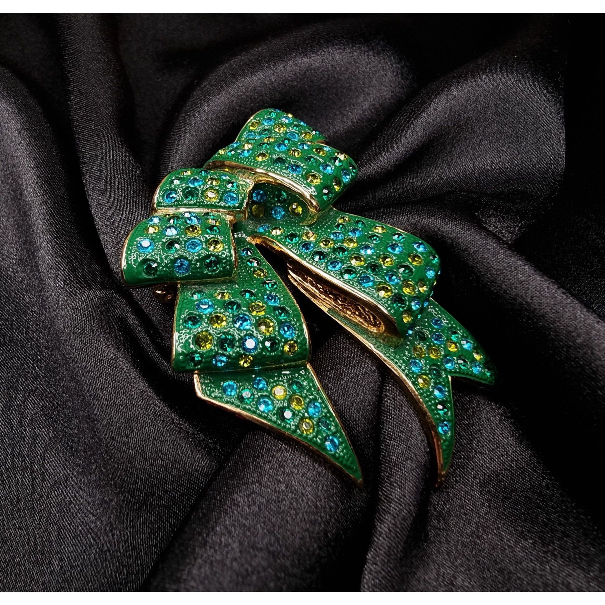 Joan Rivers Vintage Joan Rivers 1990s Green & Yellow Rhinestone Bow Broo Size ONE SIZE - 2 Thumbnail