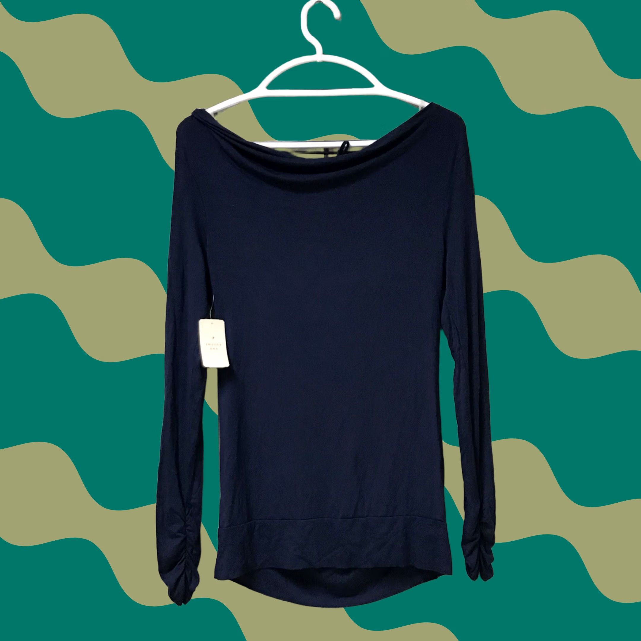 Vintage Twenty One Women Navy Blue Beaded Scoop Cowl Neck Long Sleeve Top Blouse L Size L / US 10 / IT 46 - 1 Thumbnail