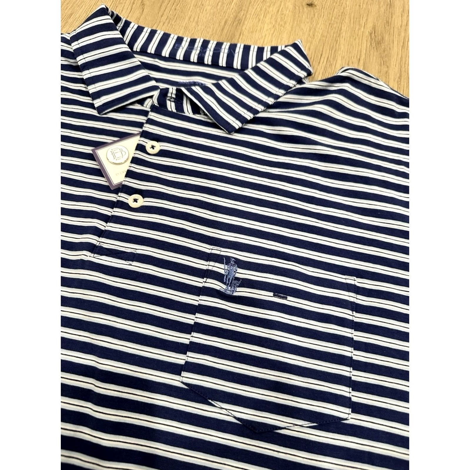 Vintage NWT B. Draddy Polo Shirt Mens XL Navy Blue Striped Pima Cotton Stretch Pocket Size US XL / EU 56 / 4 - 4 Thumbnail