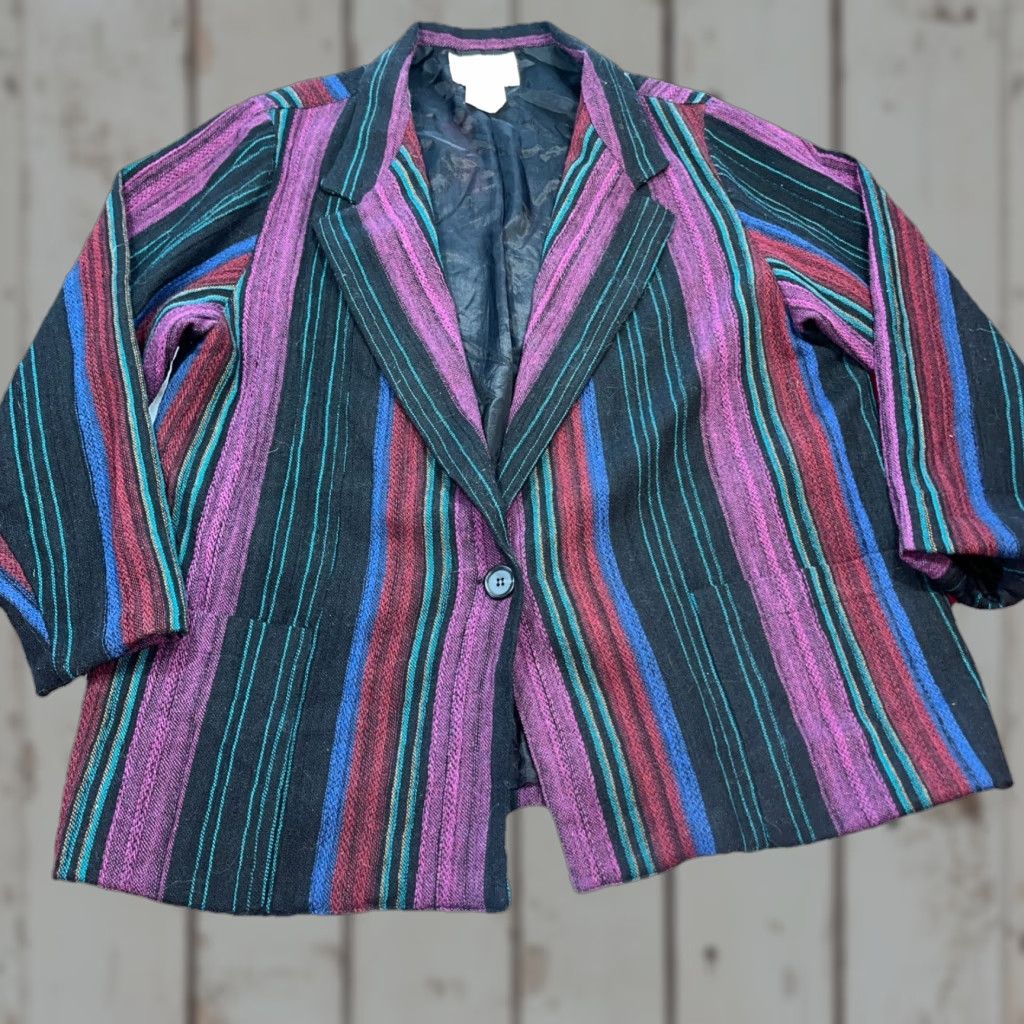 VINTAGE Donnkenny Blazer Jacket Wool Striped 1 Button 38 Purple