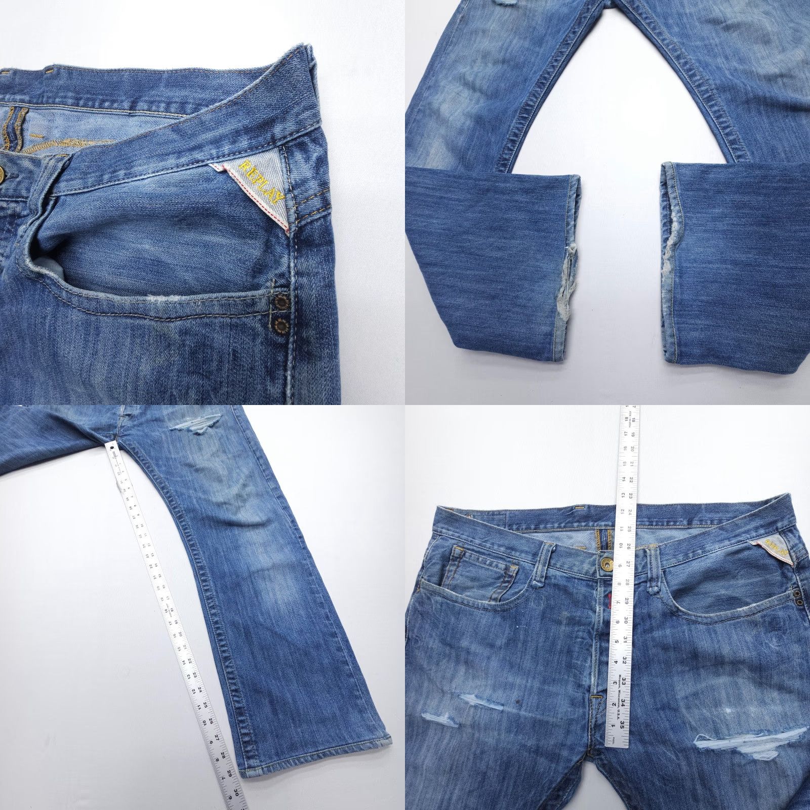 Replay VINTAGE Replay Jeans 38x29 90s Straight Button Fly Denim Blue Mens Regular 5-Pocket Distressed Rock Street Distressed Size US 38 / EU 54 - 8 Thumbnail