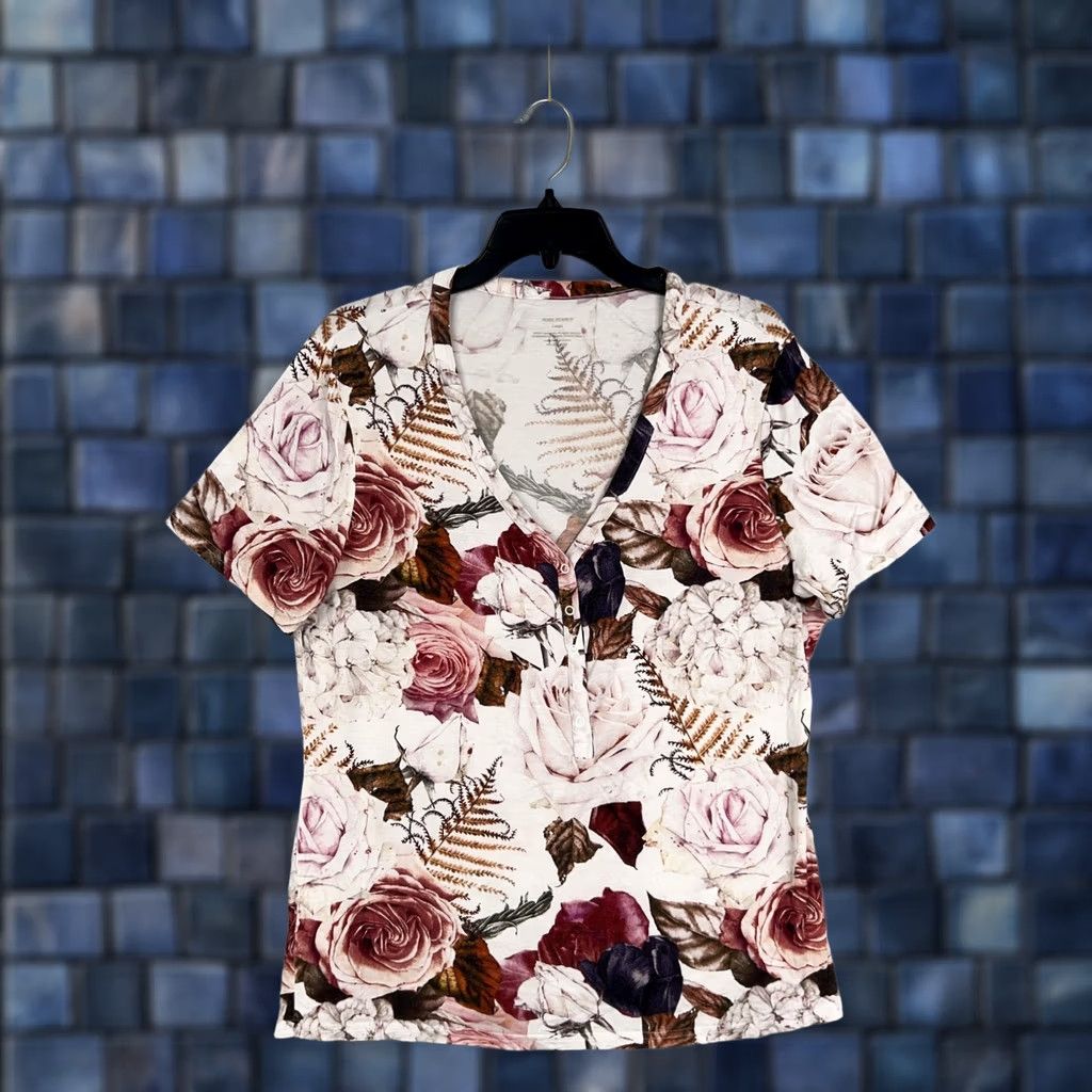Vintage Posh Peanut Shirt Womens Large Floral Roses V Neck Henley Bamboo Casual Size L / US 10 / IT 46 - 1 Thumbnail