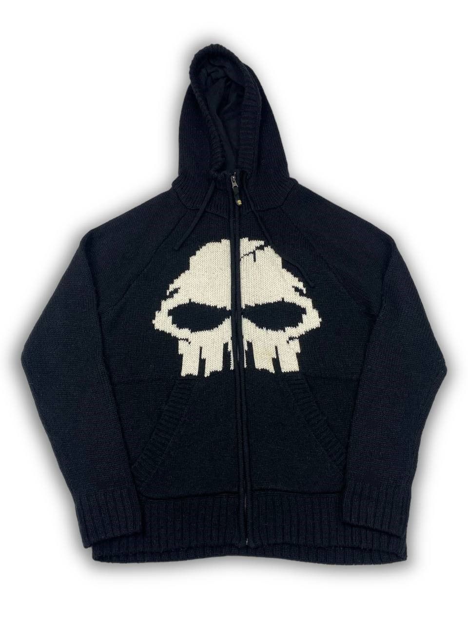 image of Avant Garde x No Fear Vintage No Fear Black Knit Big Logo Hoodie Skull Y2K M, Men's (Size Large)