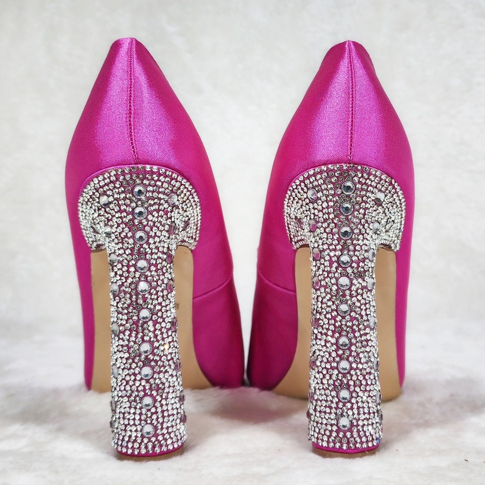 Other Fuchsia Pink Satin Pumps Rhinestone High Heel Party Shoes Size US 8 / IT 38 - 5 Thumbnail