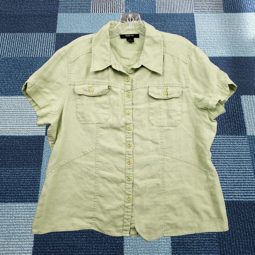 Style & Co Style&co Button-Up Shirt Women 18 Green Short Sleeve Linen Pockets Casual Blouse Size XXL / US 16-18 / IT 52-54 - 1 Thumbnail