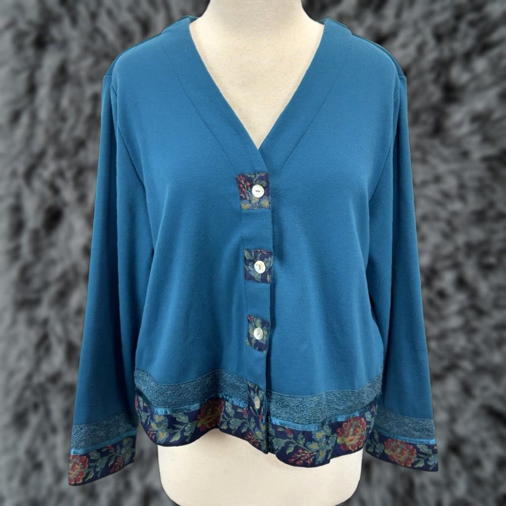 Coldwater Creek VINTAGE Coldwater Creek Cardigan Sweatshirt Women LP Petite Teal Tapestry Trim Granny Core Indie Cottage Core Boxy Lp Large Petite Women Mens? Size L / US 10 / IT 46 - 1 Thumbnail