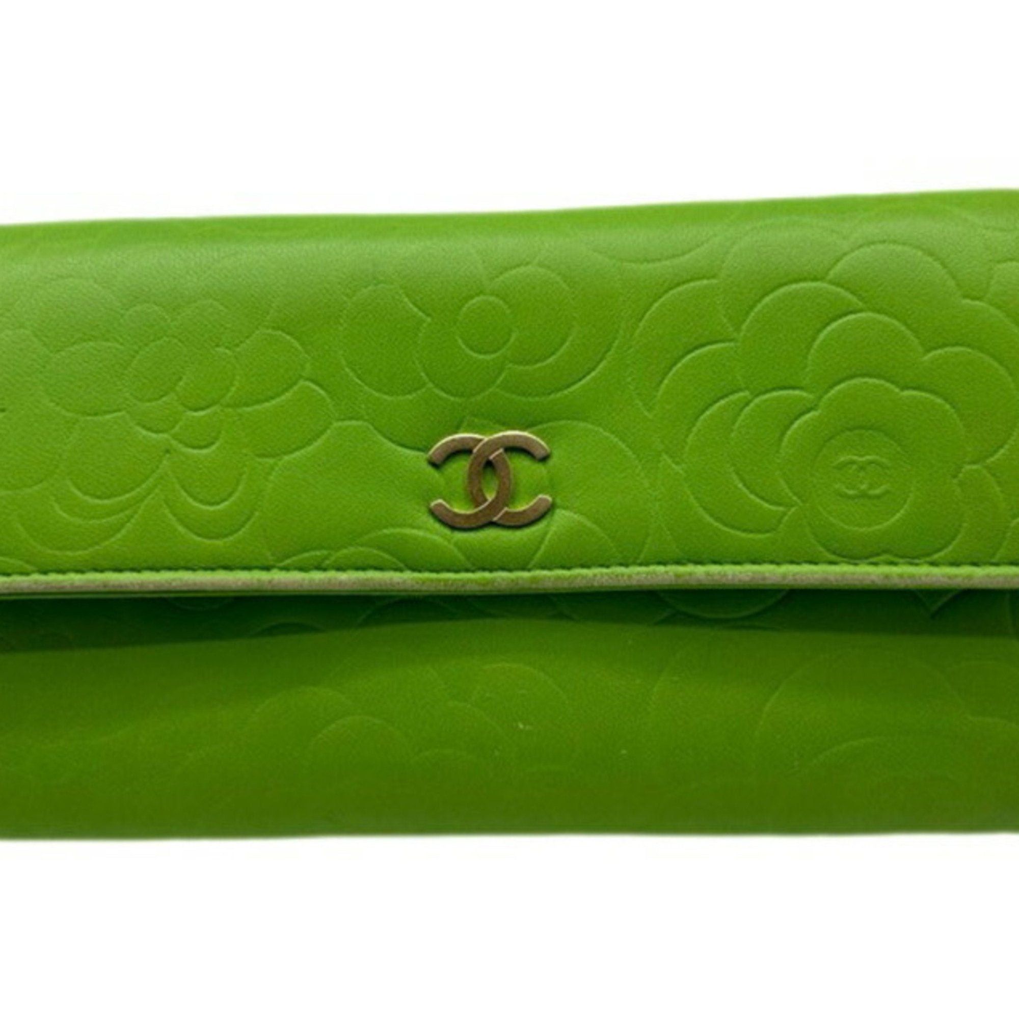 image of Chanel Wallet Camellia Long Green Leather Coin Pursei Ladies, Women's