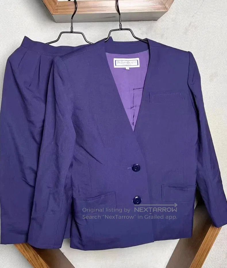 Yves Saint Laurent YSL Purple Wool Coat & Skirt Set. Size US S / EU 44-46 / 1 - 3 Thumbnail