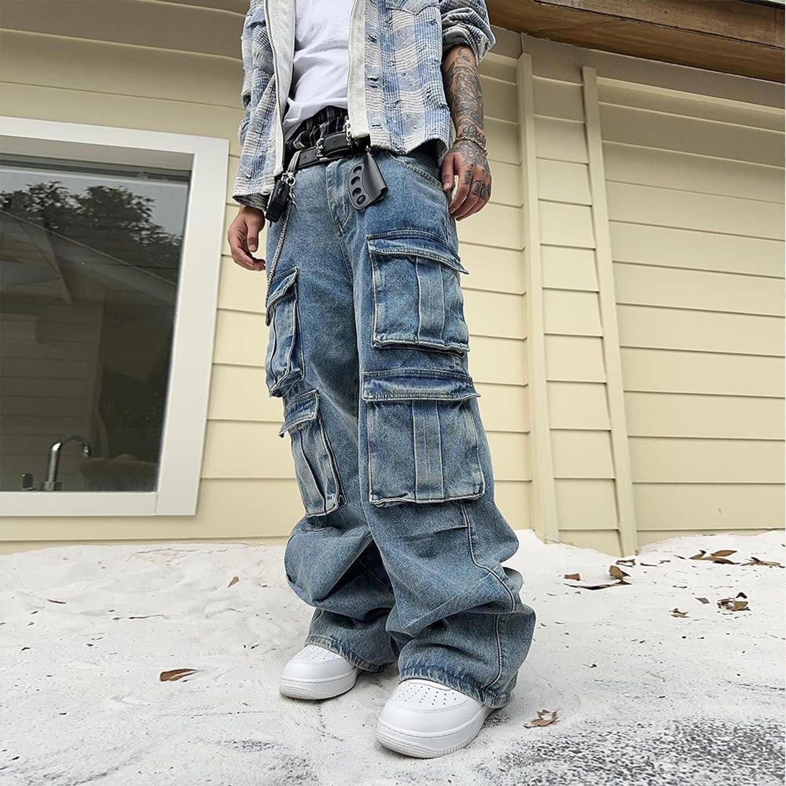 Japanese Brand Multi Pocket Cargo Stacked Flared Jeans Size US 28 / EU 44 - 5 Thumbnail