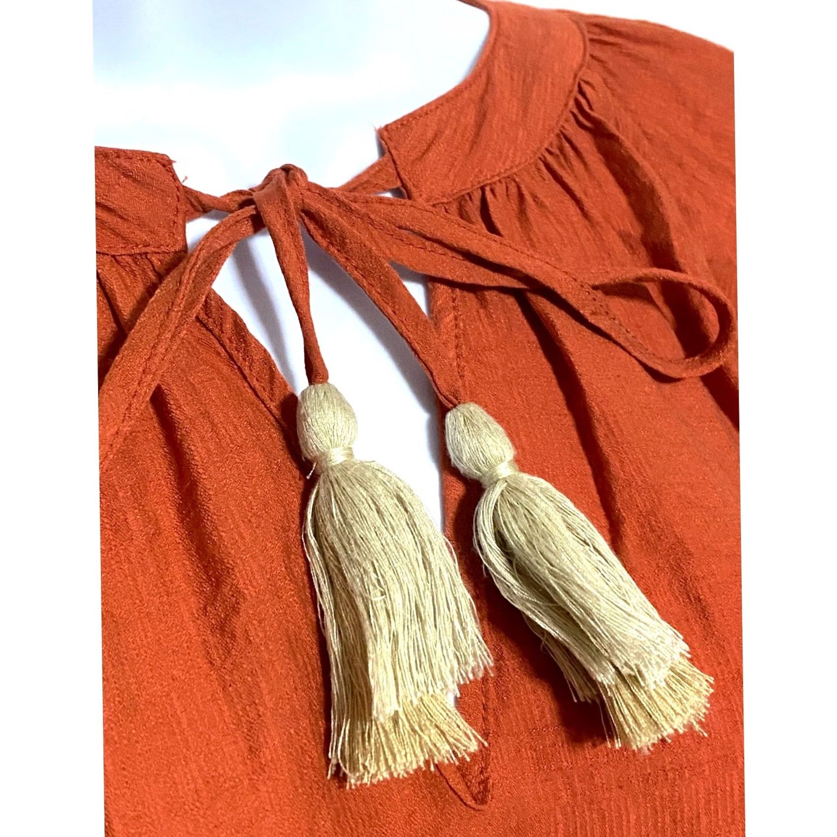 Vintage THML Blouse Womens S Orange Tassel Tie Neck Boho Hippie Peasant Flowy Earthy Size S / US 4 / IT 40 - 3 Thumbnail