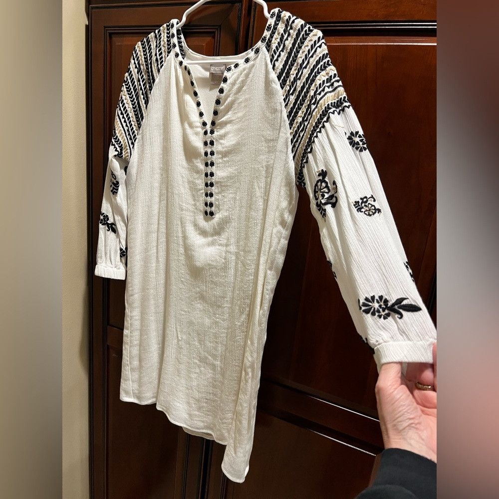 Chicos Chicos White Black Embroidered Lined Tunic Dress - 00 Size XXS / US 00 / IT 34 - 4 Thumbnail