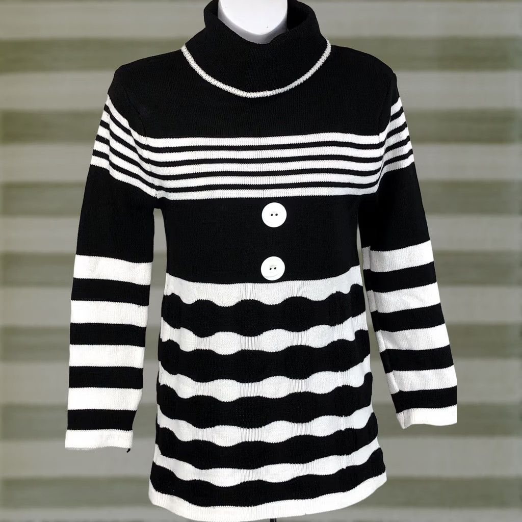 Vintage Nicole K Tunic Sweater M JRS Blk Stripe Turtle Neck Buttons Grunge Emo Punk Knit Style Long Sleeve Casual Shirt Womens Mens? Size M / US 6-8 / IT 42-44 - 1 Thumbnail