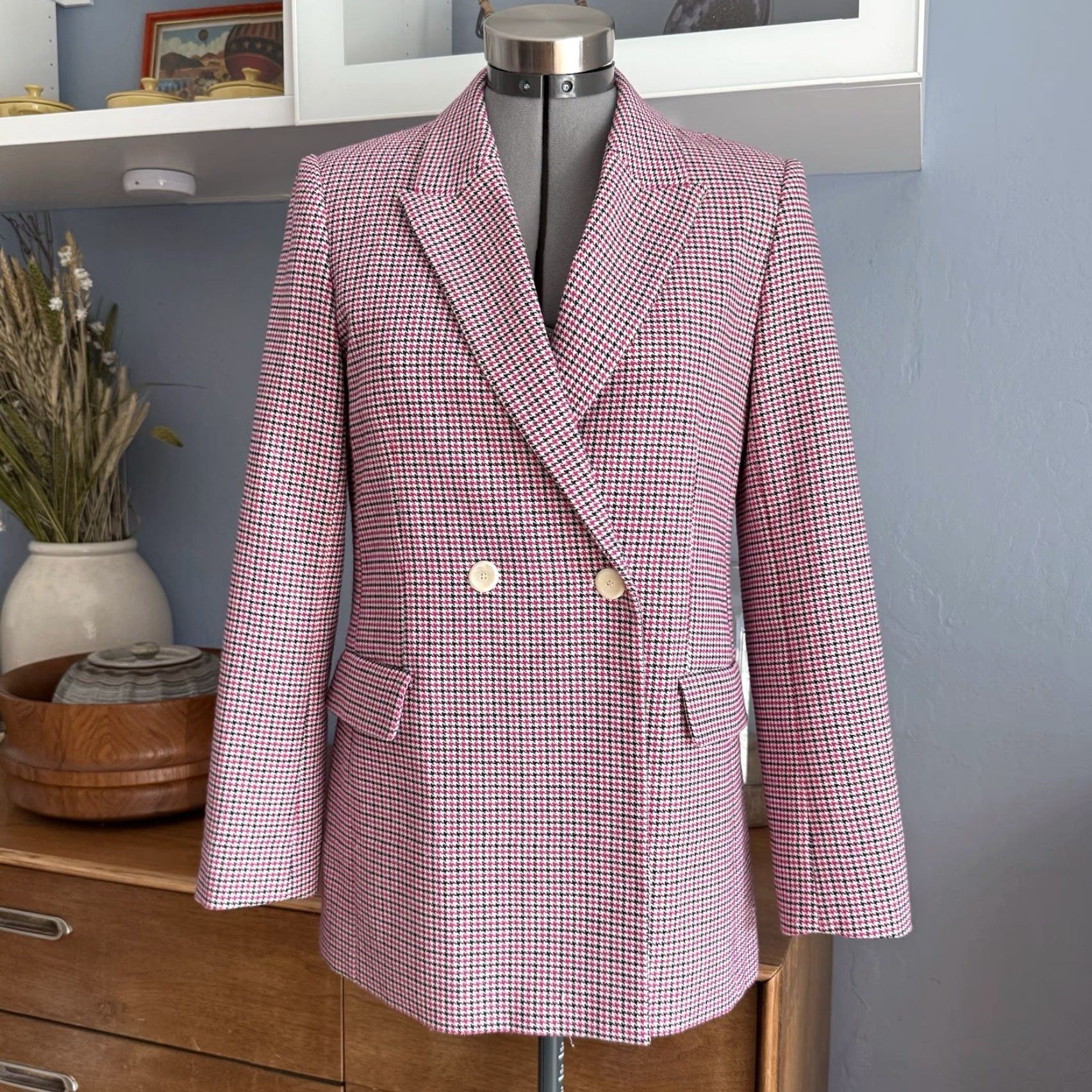 Maje Maje Vic Double Breasted Houndstooth Jacquard Blazer Women's Blazer Size 6 Multicolor Wool Blend Buttoned Cuffs 2 Side Pockets Size M / US 6-8 / IT 42-44 - 2 Thumbnail
