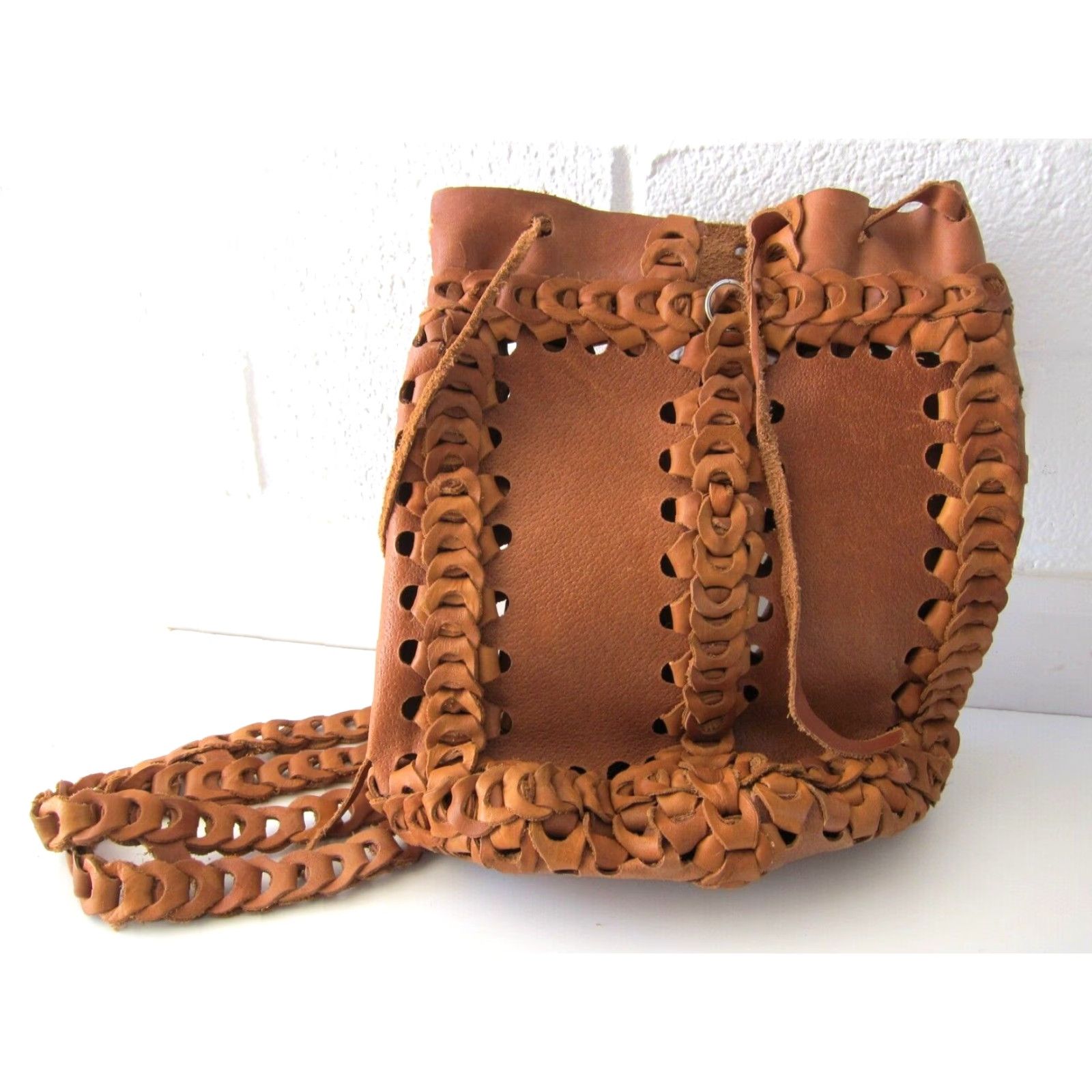 Vintage Vintage Handmade 100% Leather Tan Brown Braided Satchel Shoulder Tote Bag Purse Size ONE SIZE - 4 Thumbnail