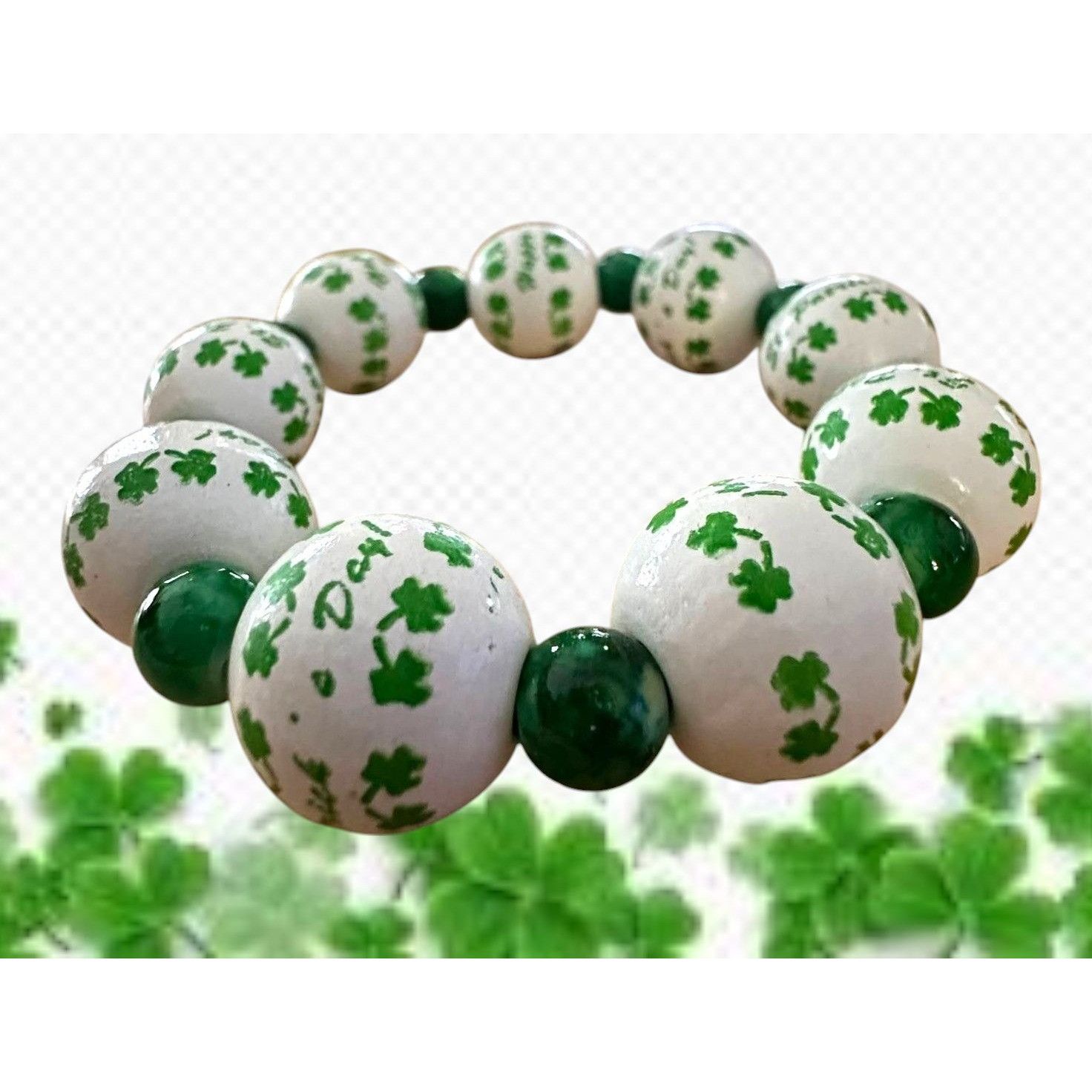 Handmade Happy St Patricks Day Shamrock Wood Beaded Stretch Bracelet Size ONE SIZE - 3 Thumbnail