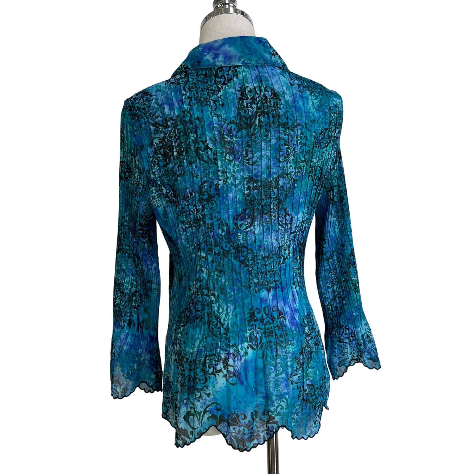 Other Laura Scott Blue Damask Printed Pleated Stretch Shirt Top Size M / US 6-8 / IT 42-44 - 8 Thumbnail