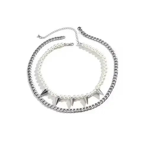 Jewelry Imitation Pearl Beads Chain Spikes Short Choker Necklace Men Size ONE SIZE - 2 Thumbnail