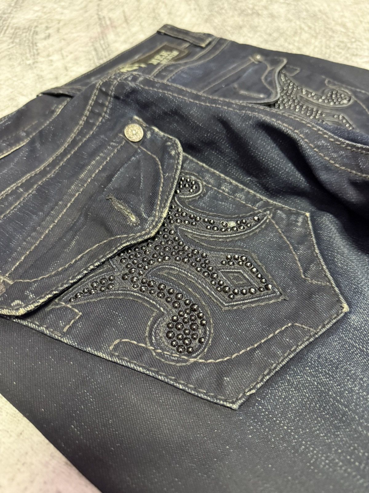 Japanese Brand × Mek Denim Mek Denim Wax Coated Studded Vegas Boot Cut Flared Jeans Size US 30 / EU 46 - 9 Thumbnail