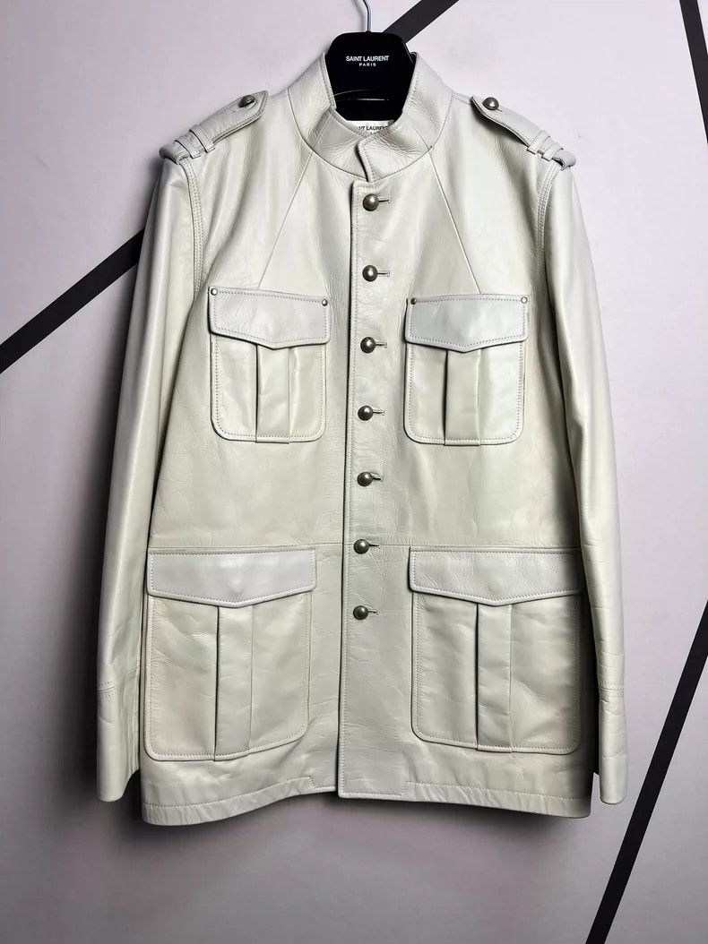 Saint Laurent Paris Saint Laurent White Leather Jacket with Pockets- DMC Size US L / EU 52-54 / 3 - 1 Thumbnail