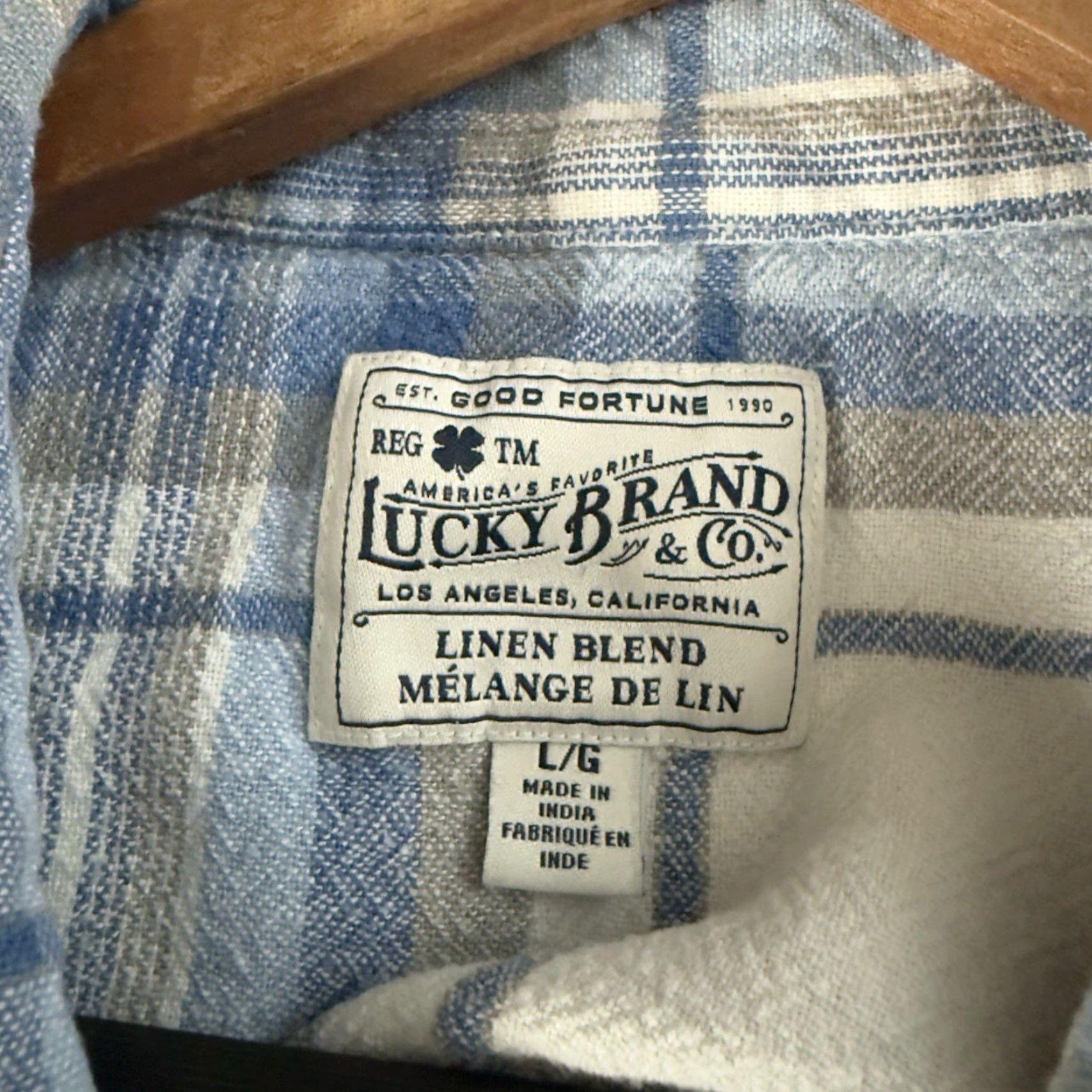 Lucky Brand Lucky Brand Linen Blend Snap Button Down Short Sleeve Plaid Shirt L Men Blue - Mens Shirt Size US 33 - 4 Thumbnail
