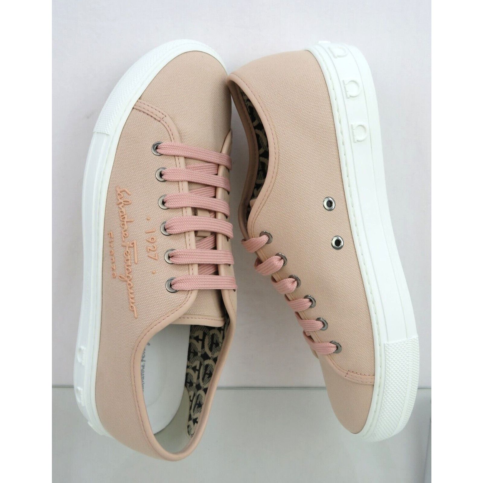 Salvatore Ferragamo MEDITERR PINK LEMONADE CANVAS LEATHER TRIM LOGO SNEAKERS 9 C Size US 9 / IT 39 - 9 Thumbnail
