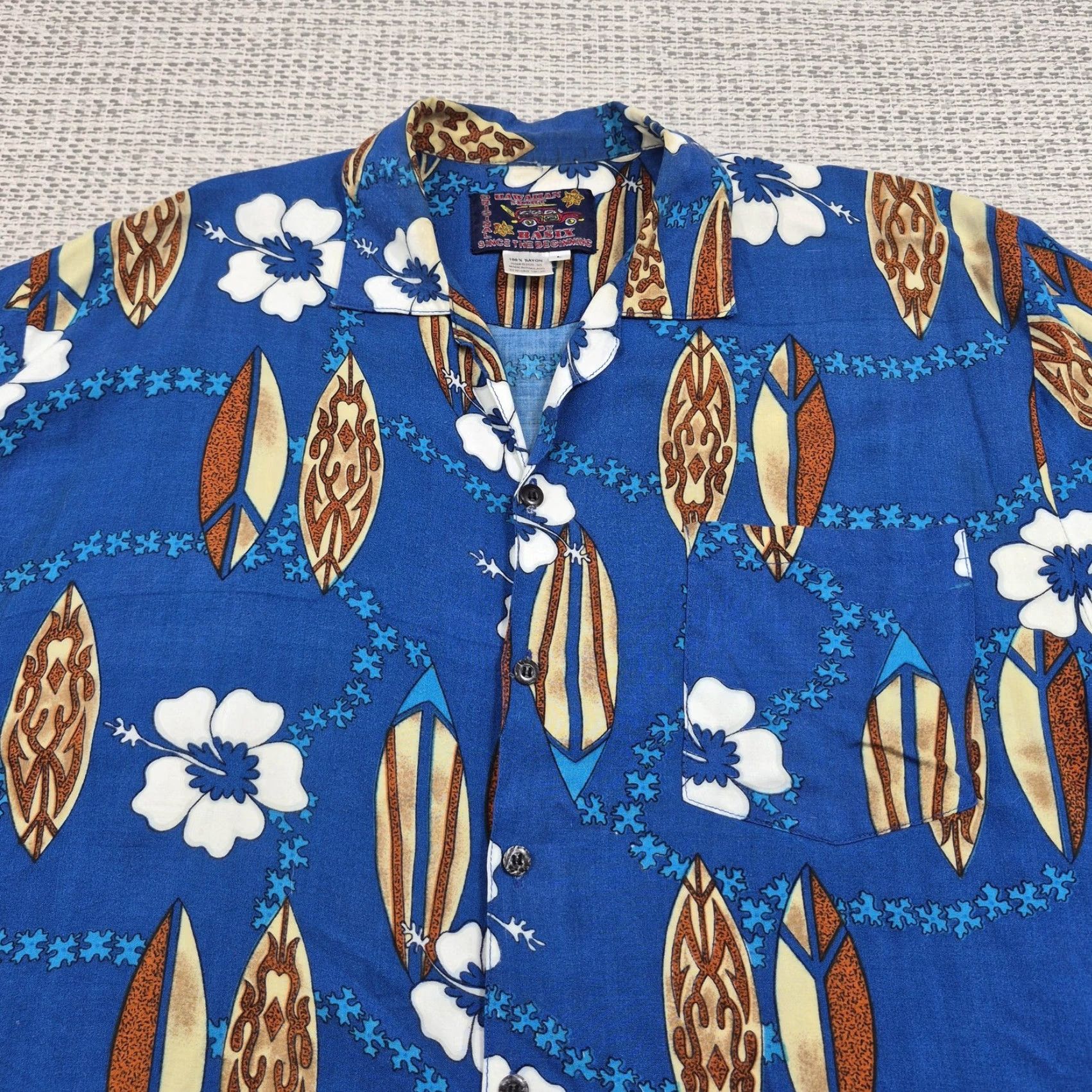 Vintage VINTAGE Basix Button Up Shirt Mens Large Blue Hawaiian Surfboard Floral Rayon Shirt Size US L / EU 52-54 / 3 - 4 Thumbnail