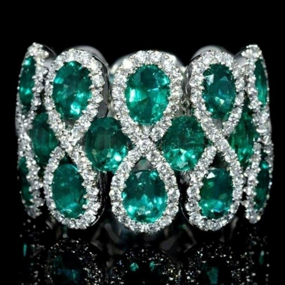 Designer Green Emerald & White Pear Weave Band Silver Ring - Size 7 Size ONE SIZE - 1 Thumbnail