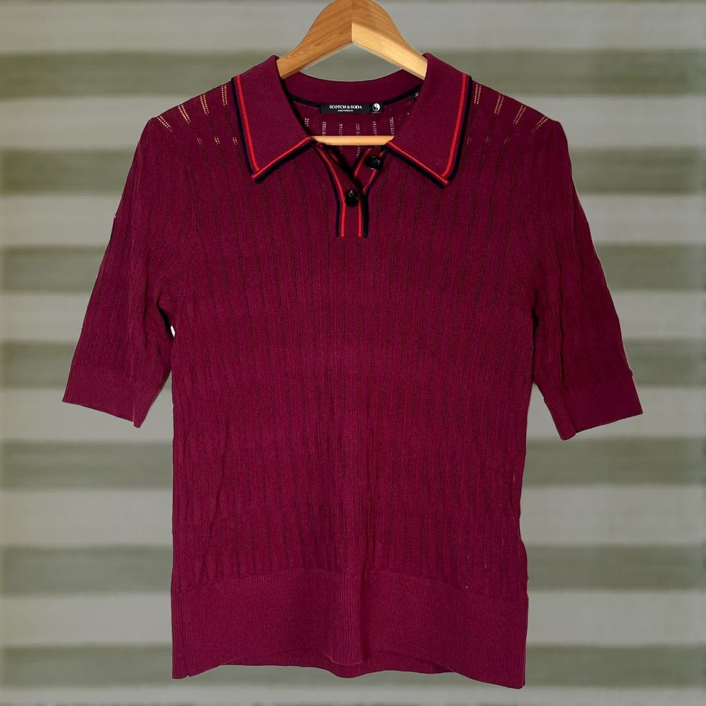 Scotch & Soda Scotch & Soda Women's Polo Shirt Wool Cable Knit Short Sleeve Pullover with Spread Collar Wine M Size M / US 6-8 / IT 42-44 - 1 Thumbnail