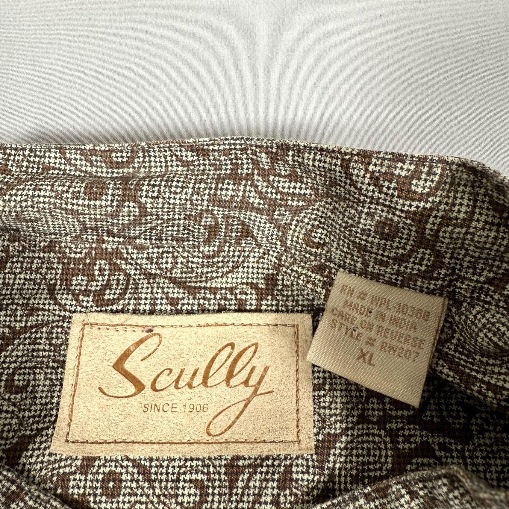 Scully Scully Shirt Mens XL Brown Paisley Band Collar Button Up Western Cowboy Work Size US XL / EU 56 / 4 - 7 Thumbnail