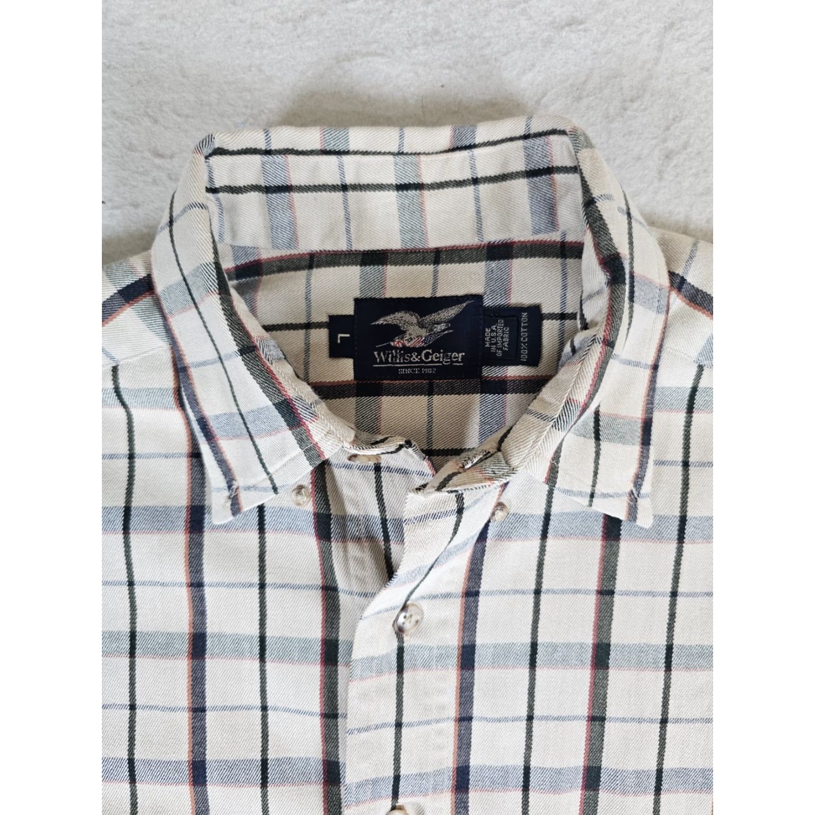 Vintage Willis & Geiger Cream Checkered Long Sleeve Button Up Dress Shirt Men's L Large Size 42R - 3 Thumbnail