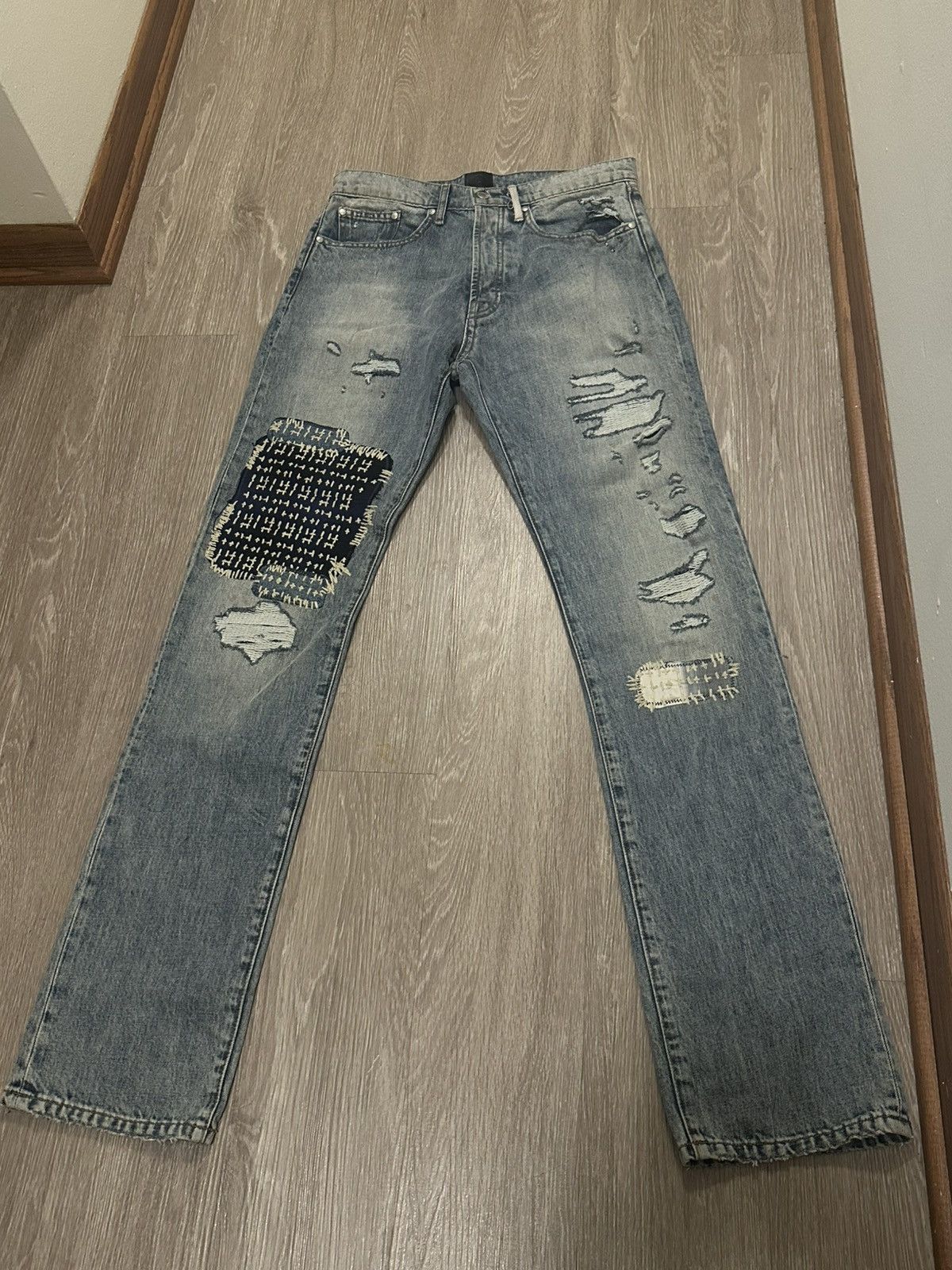 Other Abrand Distressed Patchwork Light Wash Denim Jeans Size US 32 / EU 48 - 2 Thumbnail