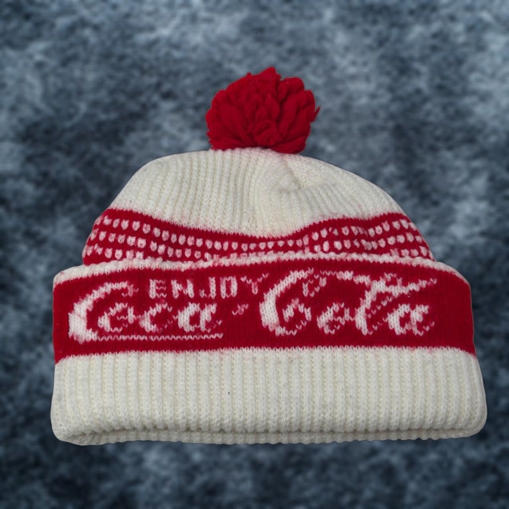 Vintage VINTAGE Coca Cola Beanie Hat Cap White & Red Knit Pom Pom Beanie Coca Cola Style Stretch Fit One Size Adults Womens Mens Girls Boys 1990s Size ONE SIZE - 1 Thumbnail