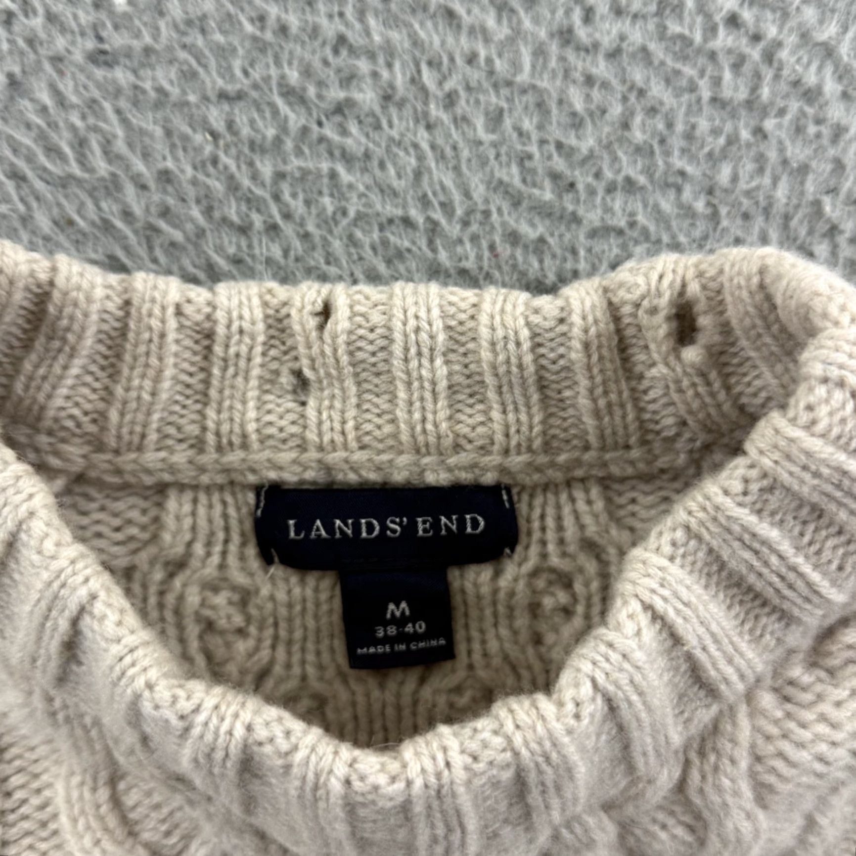Lands' End Lands' End Sweater Mens Medium Beige Cable Knit Long Sleeve Pullover Casual Preppy Outdoor Wool Cotton Size US M / EU 48-50 / 2 - 6 Thumbnail