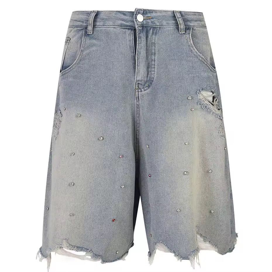 Other Washed Rhinestone River Denim Vintage Ripped Hole Shorts Y2k Size US 30 / EU 46 - 1 Thumbnail