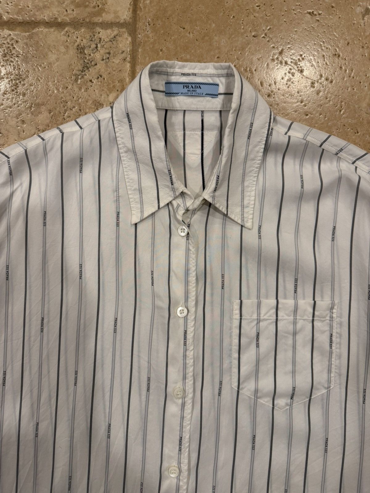 Prada Prada Raf Simons 2022 Logo Stripe White Silk Button Up Shirt Size US XL / EU 56 / 4 - 9 Thumbnail