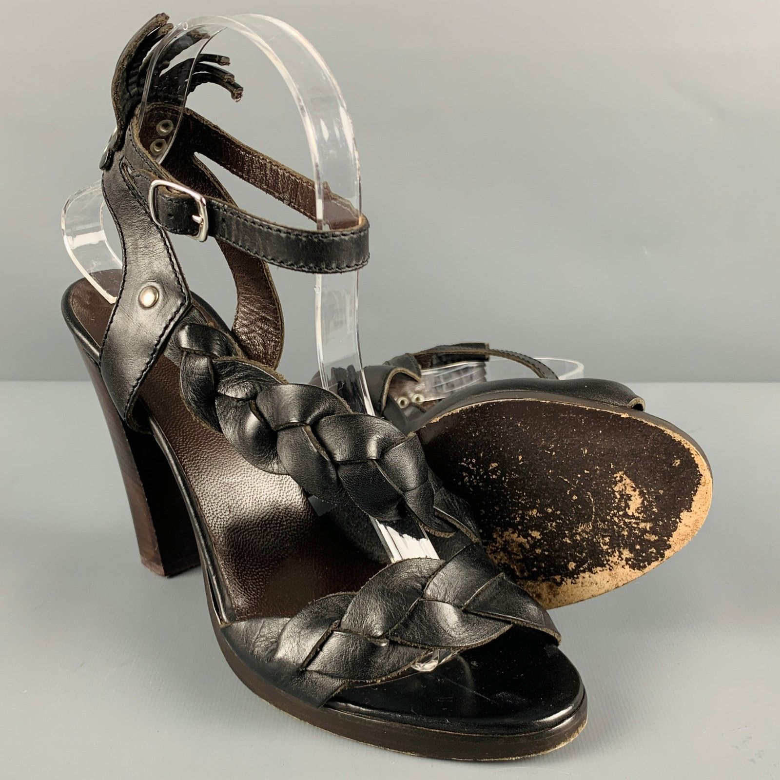 Balenciaga Size 8 Black Brown Leather Braided Chunky Heel Sandals Size US 8 / IT 38 - 5 Thumbnail