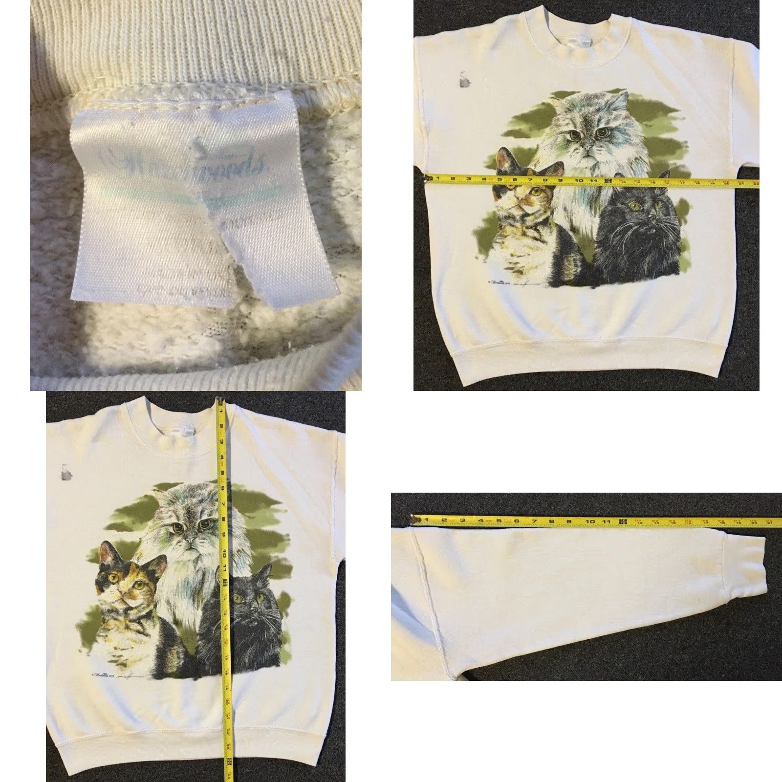 Vintage VINTAGE Cat Faded Distress 90s Sweatshirt XS - Surf/Hoodie - White - Pet/Animal Abstract Art - 80s 90s Retro Size US XS / EU 42 / 0 - 10 Thumbnail