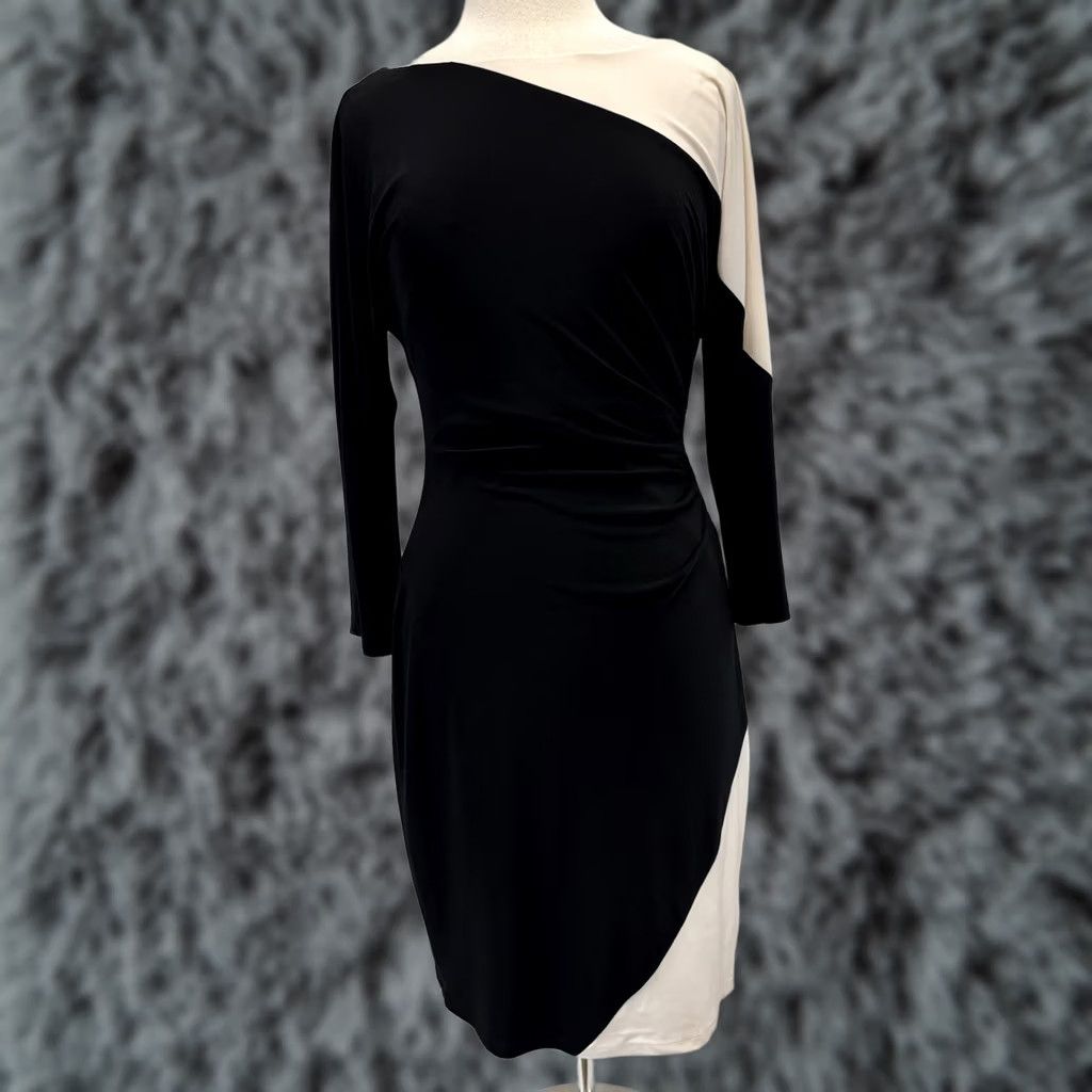 Ralph Lauren VINTAGE Lauren Ralph Lauren Sheath Dress Women’s 10 Black Ivory Ruched Boat Neck Pullover Party/Cocktail Business Mens? Size L / US 10 / IT 46 - 1 Thumbnail