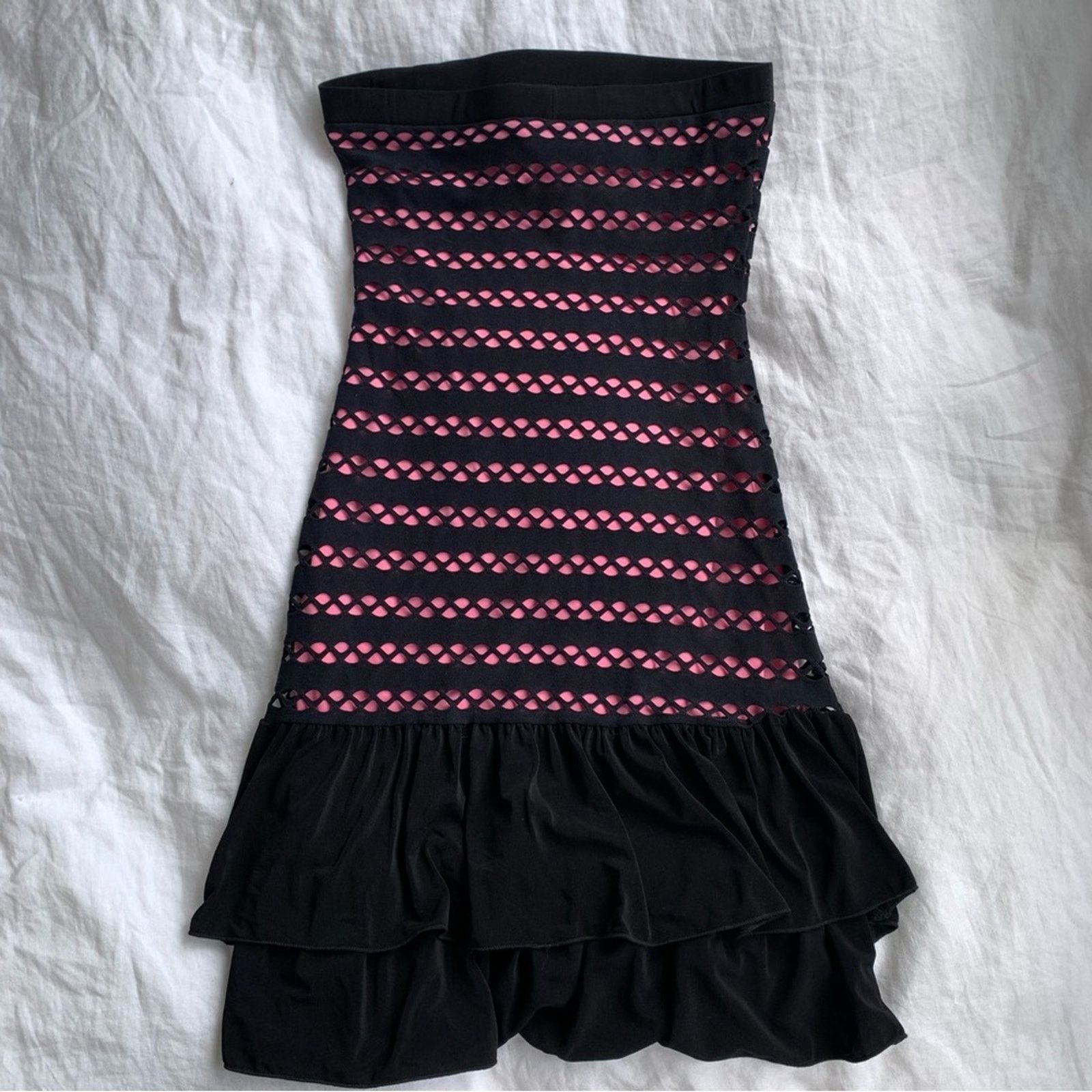 Vintage Vintage Come Como Pink Black Ruffle Tube Top Mini Dress Size S / US 4 / IT 40 - 1 Thumbnail