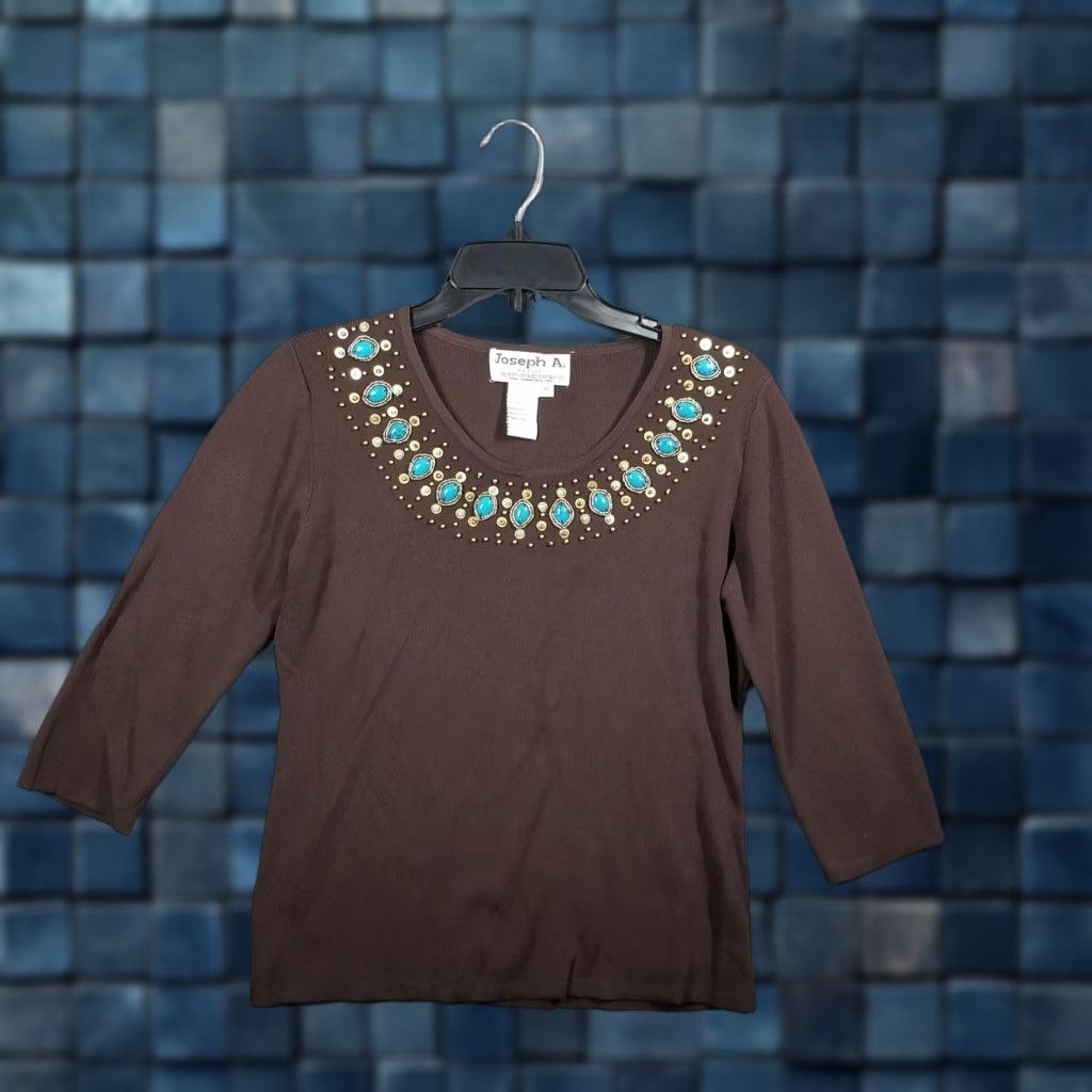 Vintage VINTAGE Joseph A. Petite Sweater Women’s M 3/4 Sleeve Brown Turquoise Jewel Studded Embellished Knit Pullover Ladies Meters? Size M / US 6-8 / IT 42-44 - 1 Thumbnail