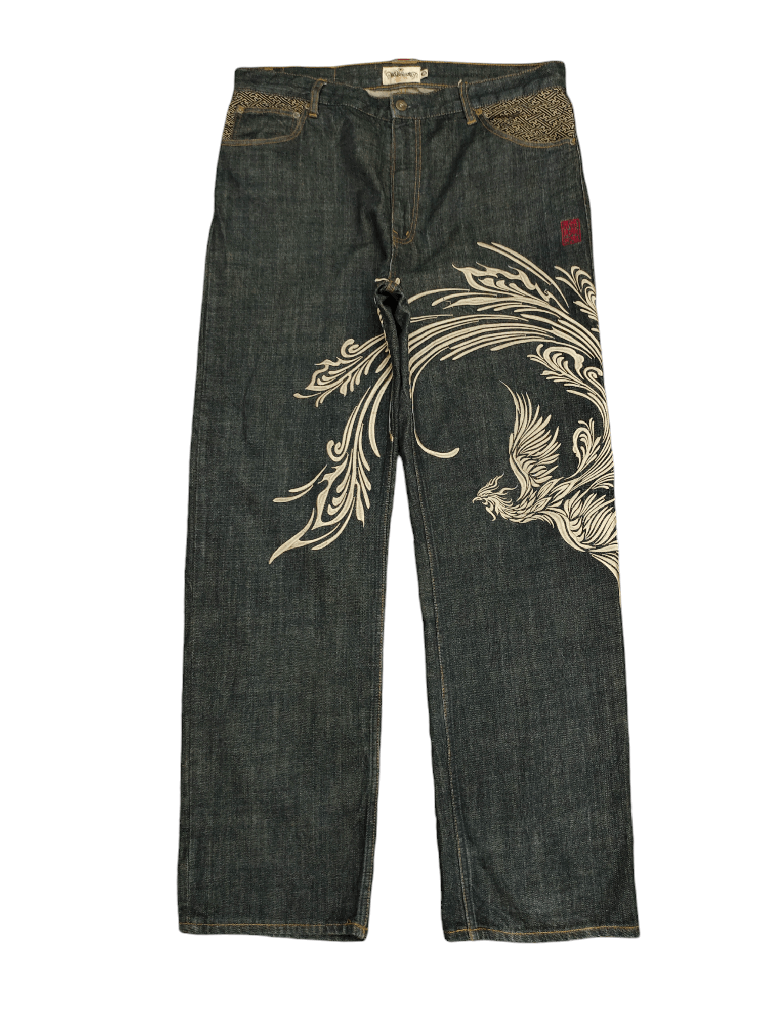 image of Vintage Baggy Jeans Sukajan Karakuri Tamashi Pheonix Embroidered, Men's (Size 38)