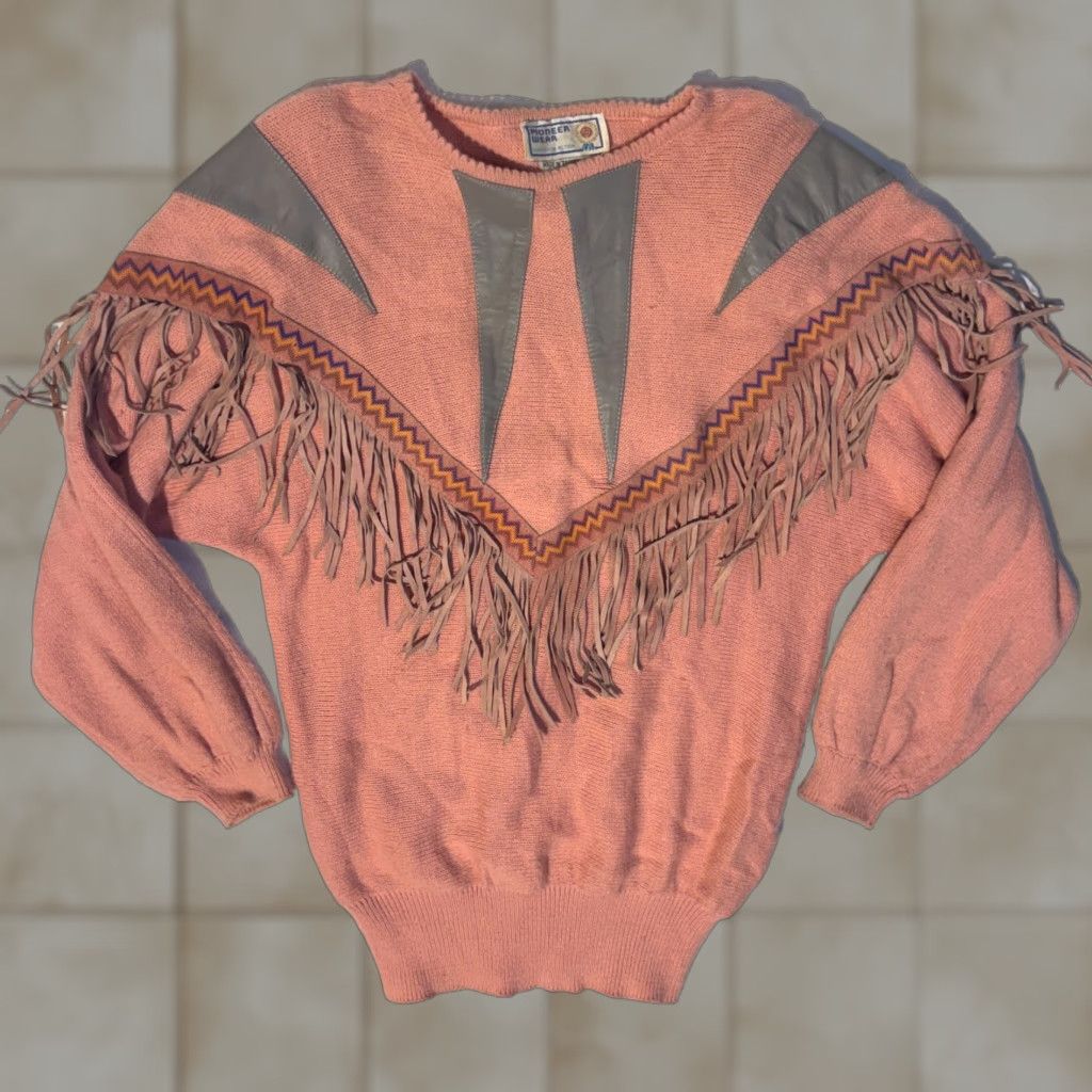 Vintage VINTAGE Pioneer Wear Pink Pastel Fringe Southwestern Sweater Size M Western 1980s Leather Casual Mens Ladies Girls Womens Size M / US 6-8 / IT 42-44 - 1 Thumbnail