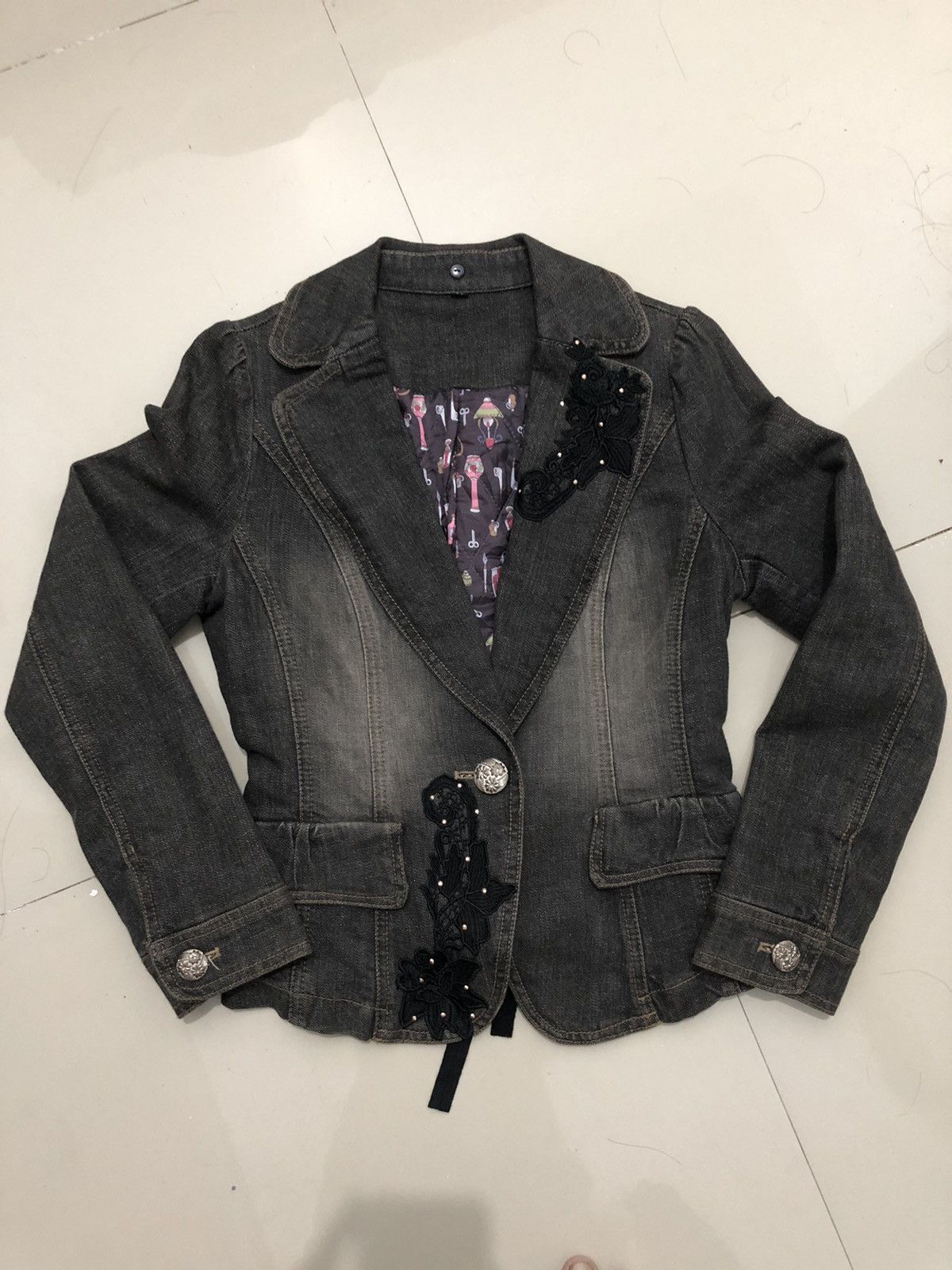 14th Addiction Vintage Black Denim Blazer Jacket with Floral Embroidery Size S / US 4 / IT 40 - 1 Thumbnail