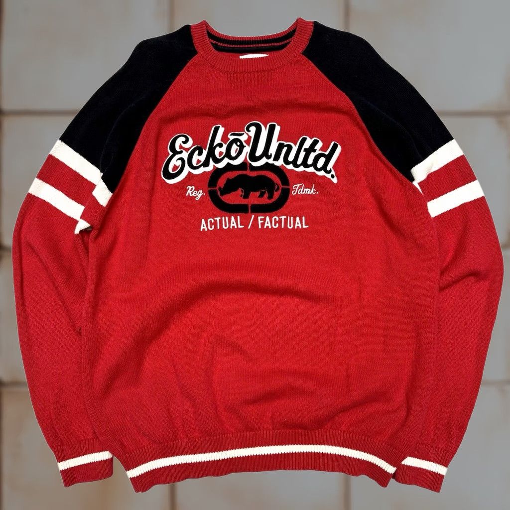 Ecko Unltd. Ecko UNLTD Sweater Mens XL Red Embroidered Patch Striped Crew Neck Pullover Hip Hop 90s 00s Size US XL / EU 56 / 4 - 1 Thumbnail