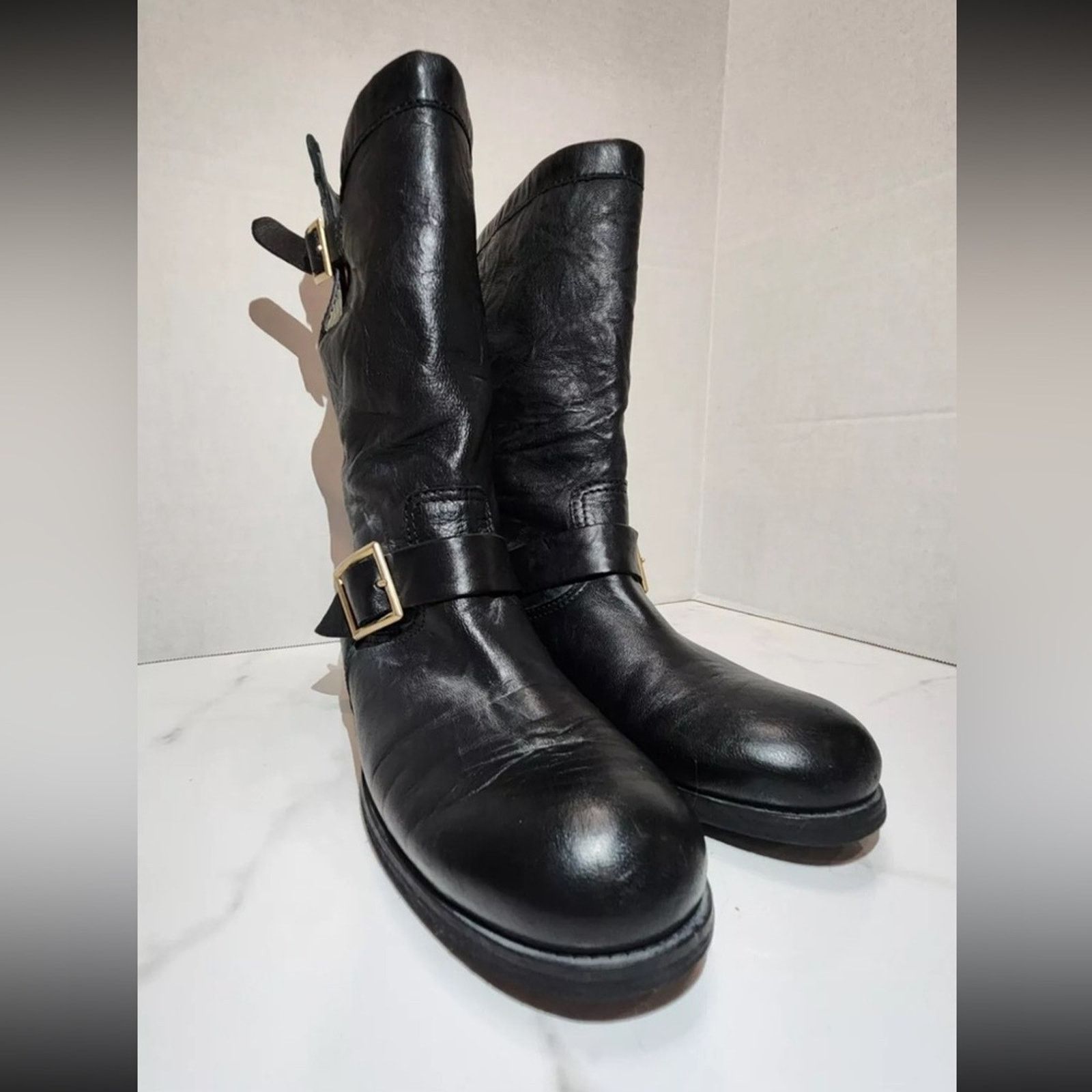Jimmy Choo Jimmy Choo Black Crinkle Leather Biker Moto Boots 39.5 Size US 9.5 / IT 39.5 - 2 Thumbnail