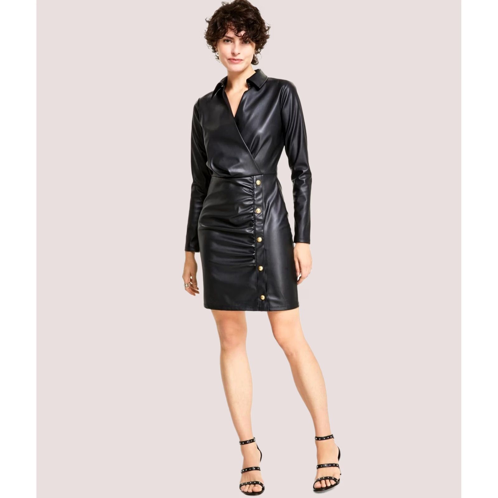 Michael Kors Michael Kors Womens black Faux Leather Wrap Surplice Dress L Size L / US 10 / IT 46 - 1 Thumbnail
