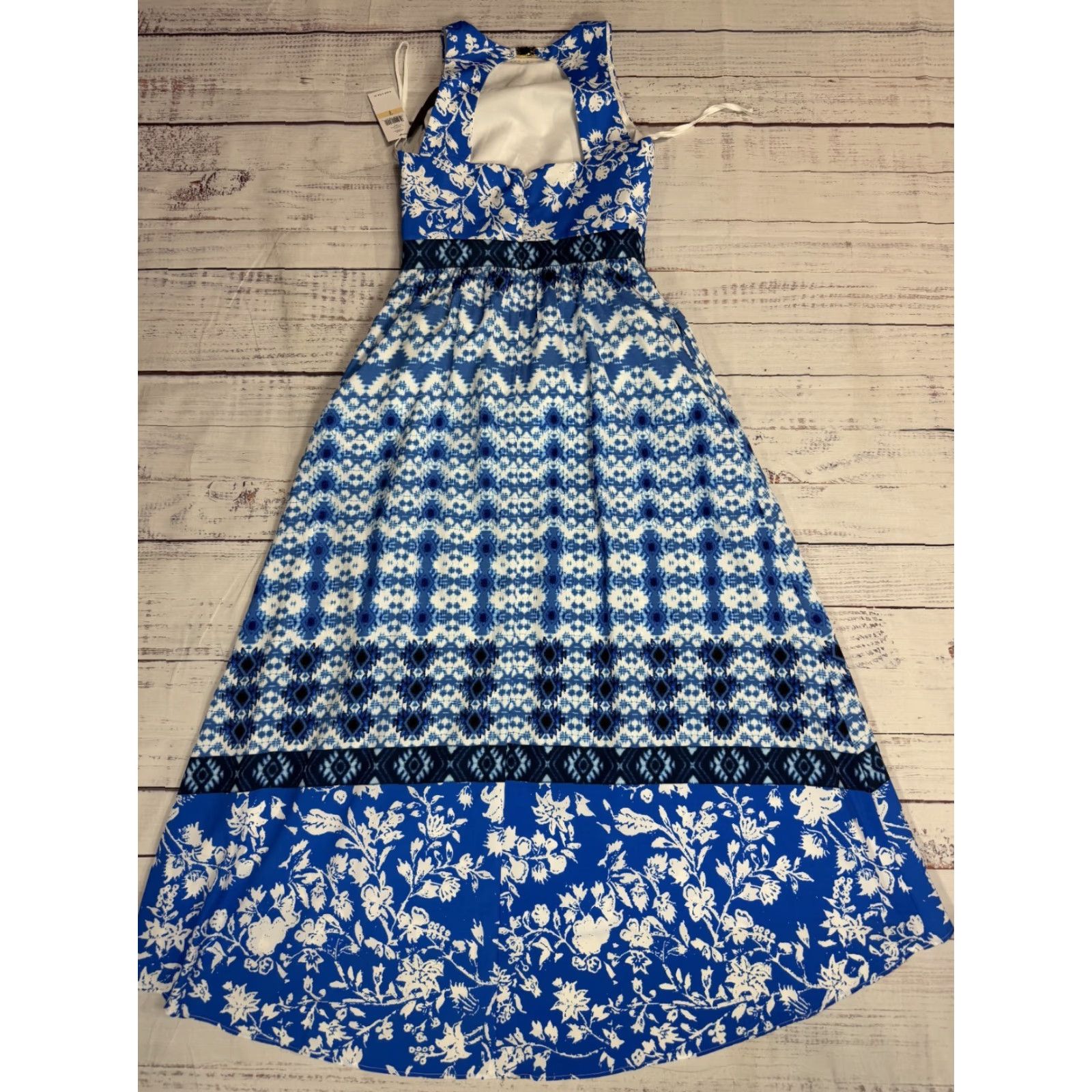 Vintage Cynthia Steffe Blue Floral Mosaic Fit & Flare Long Dress Open Back Sz 2 NWT Size XS / US 0-2 / IT 36-38 - 5 Thumbnail